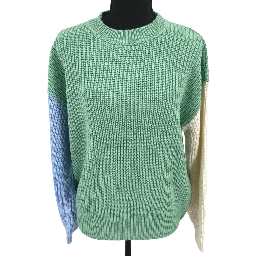 b.young Sweater Womens XS Green Acrylic Colorblock Knit Jumper Oversized Trendy